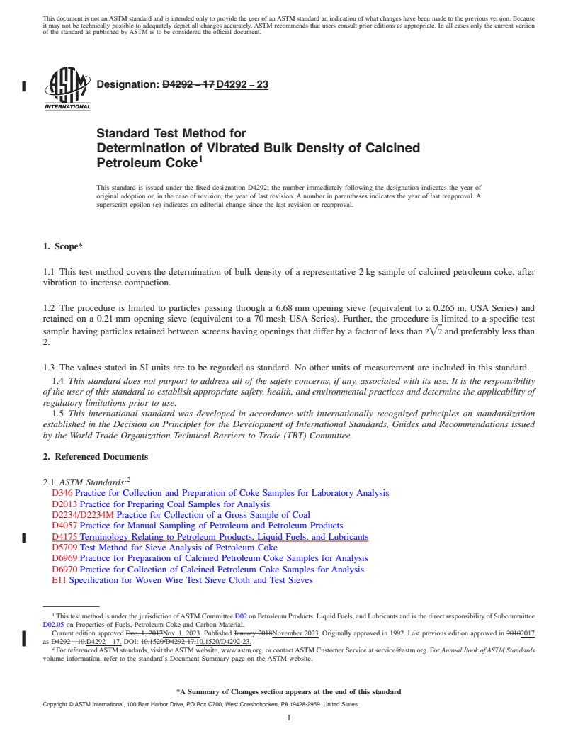 REDLINE ASTM D4292-23 - Standard Test Method for  Determination of Vibrated Bulk Density of Calcined Petroleum   Coke