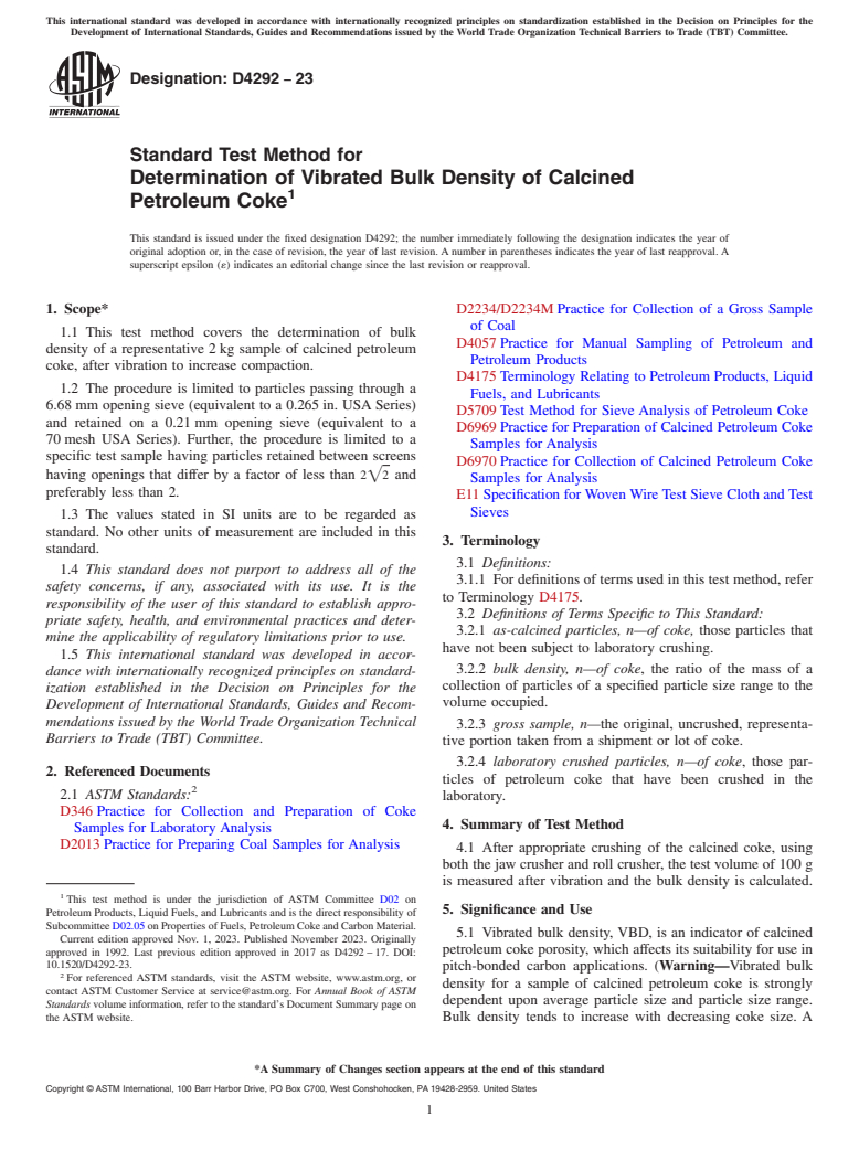 ASTM D4292-23 - Standard Test Method for  Determination of Vibrated Bulk Density of Calcined Petroleum   Coke