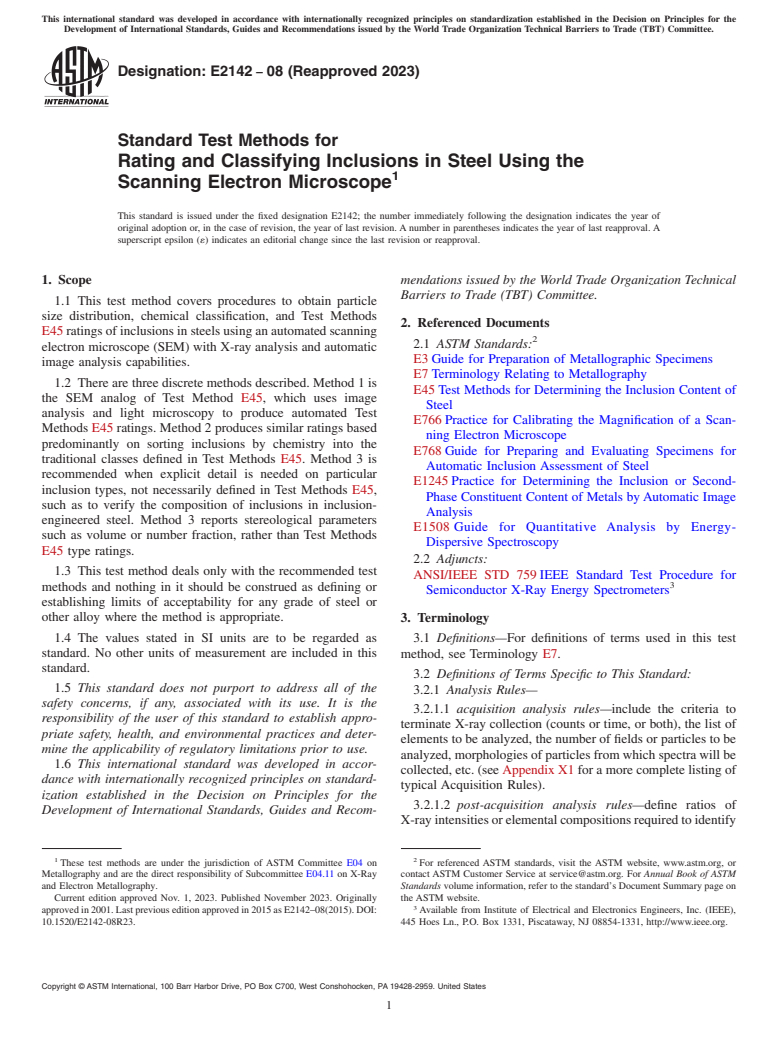 ASTM E2142-08(2023) - Standard Test Methods for  Rating and Classifying Inclusions in Steel Using the Scanning  Electron Microscope