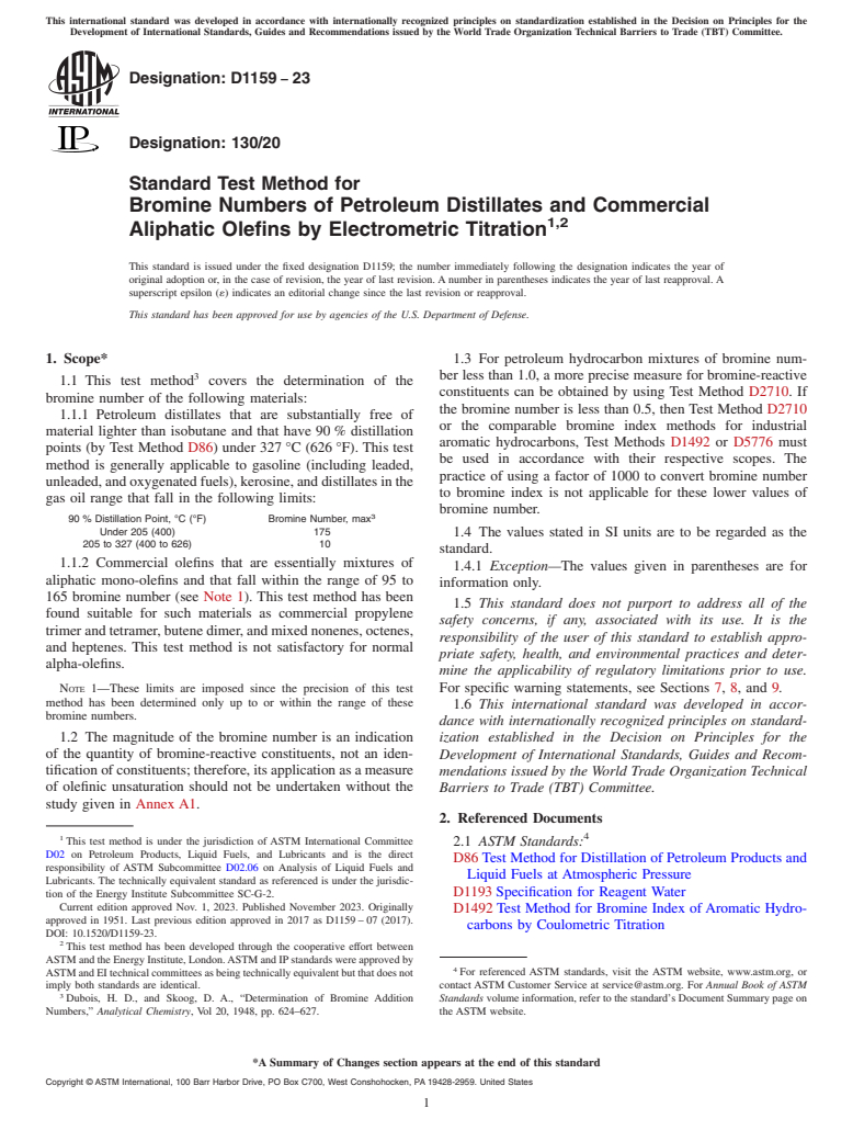 ASTM D1159-23 - Standard Test Method for  Bromine Numbers of Petroleum Distillates and Commercial Aliphatic   Olefins by Electrometric Titration
