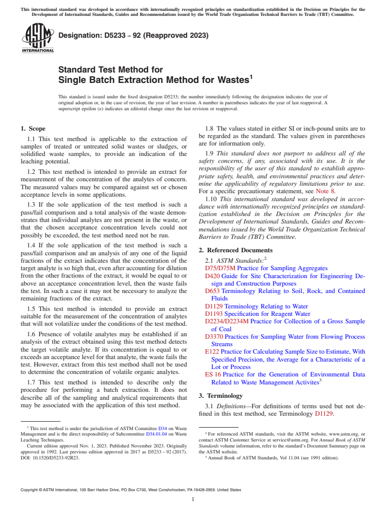 ASTM D5233-92(2023) - Standard Test Method for  Single Batch Extraction Method for Wastes