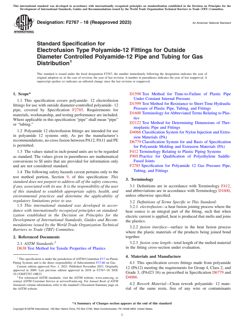 ASTM F2767-18(2023) - Standard Specification for  Electrofusion Type Polyamide-12 Fittings for Outside Diameter   Controlled Polyamide-12 Pipe and Tubing for Gas Distribution