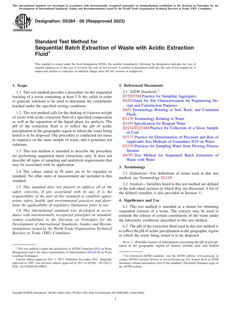 ASTM D5284-09(2023) - Standard Test Method for  Sequential Batch Extraction of Waste with Acidic Extraction  Fluid