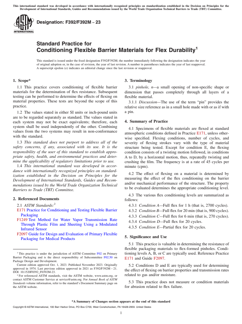 ASTM F392/F392M-23 - Standard Practice for  Conditioning Flexible Barrier Materials for Flex  Durability