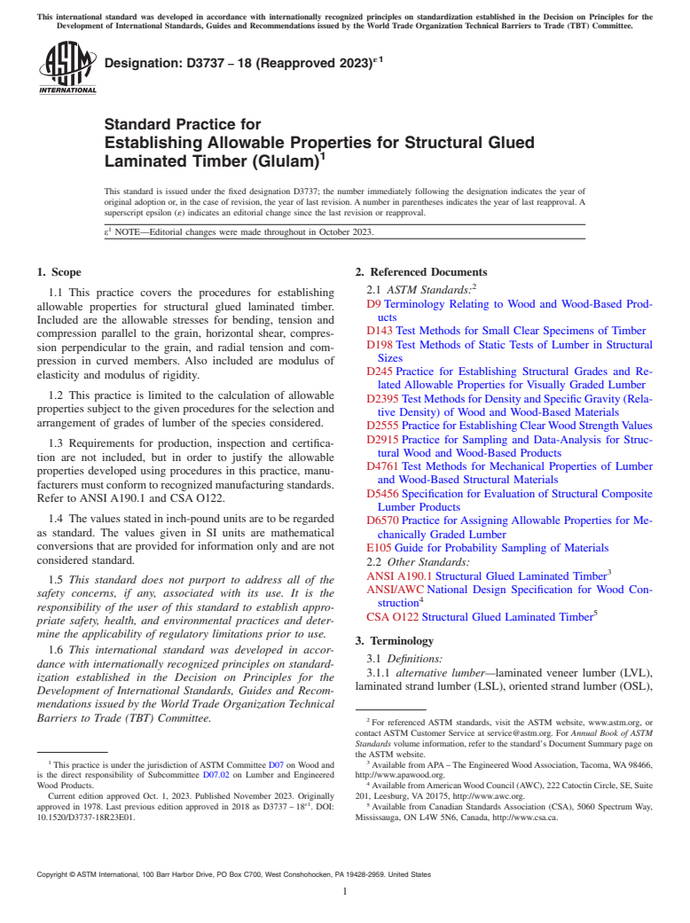 ASTM D3737-18(2023)e1 - Standard Practice for  Establishing Allowable Properties for Structural Glued Laminated   Timber (Glulam)