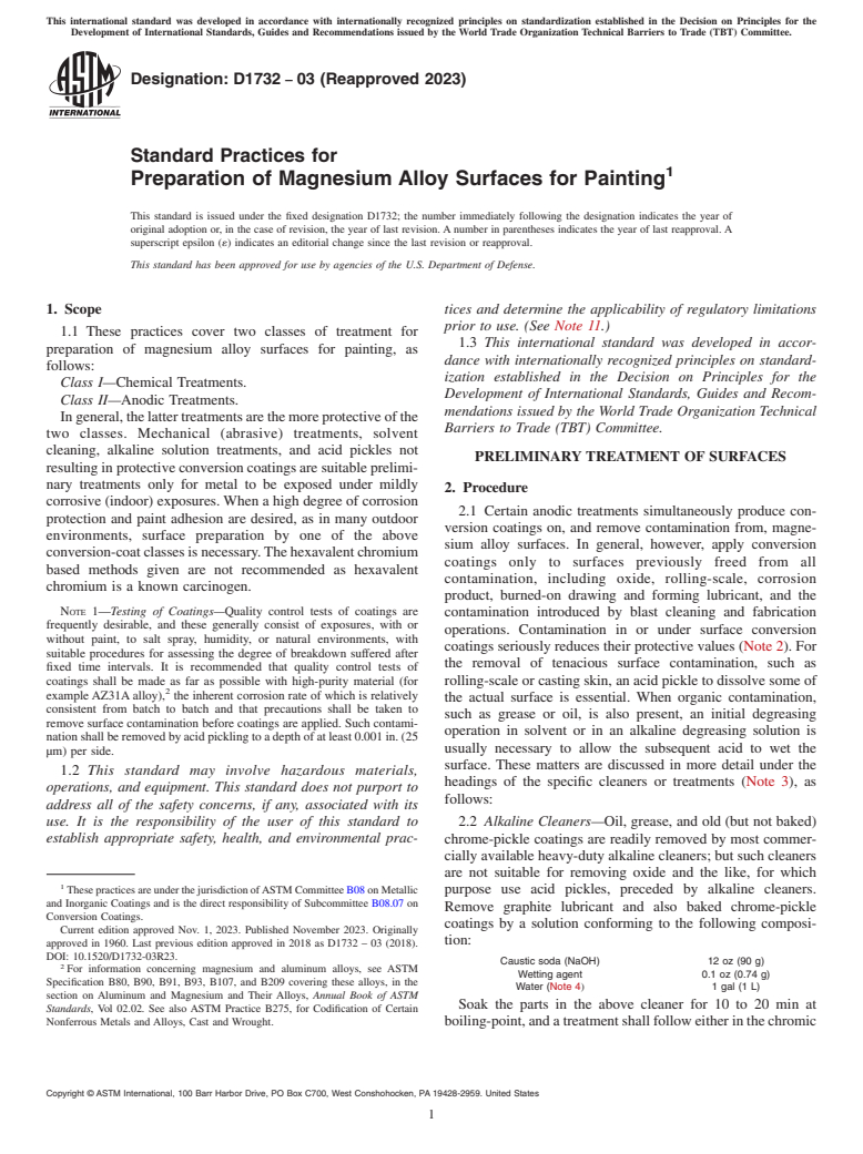 ASTM D1732-03(2023) - Standard Practices for Preparation of Magnesium Alloy Surfaces for Painting