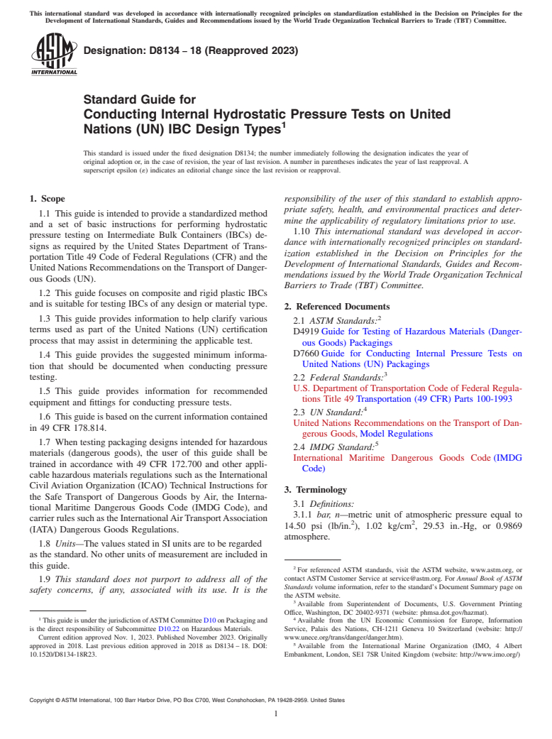 ASTM D8134-18(2023) - Standard Guide for Conducting Internal Hydrostatic Pressure Tests on United Nations  (UN) IBC Design Types