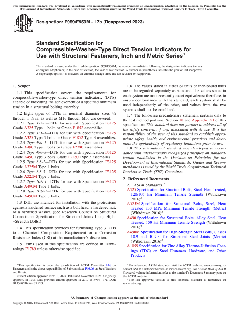 ASTM F959/F959M-17a(2023) - Standard Specification for  Compressible-Washer-Type Direct Tension Indicators for Use   with Structural Fasteners, Inch and Metric Series