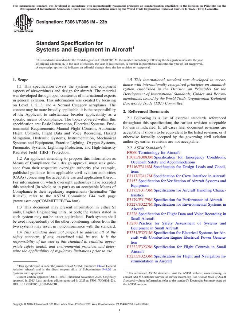 ASTM F3061/F3061M-23b - Standard Specification for Systems and Equipment in Aircraft