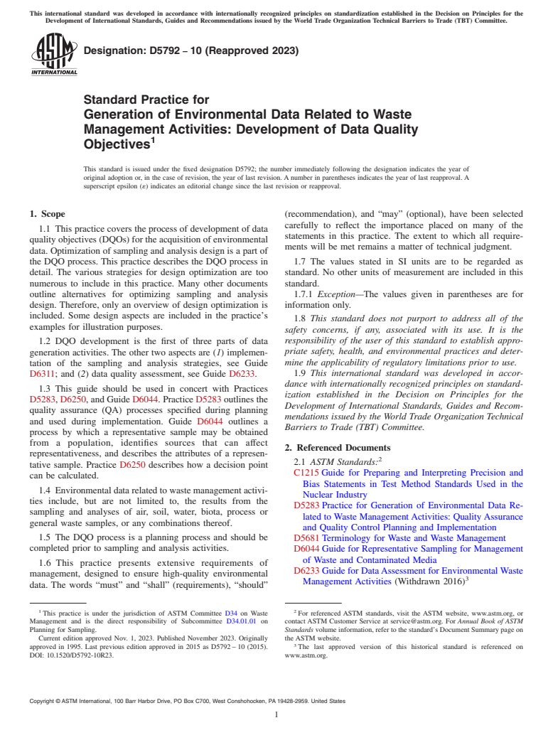 ASTM D5792-10(2023) - Standard Practice for  Generation of Environmental Data Related to Waste Management  Activities: Development of Data Quality Objectives