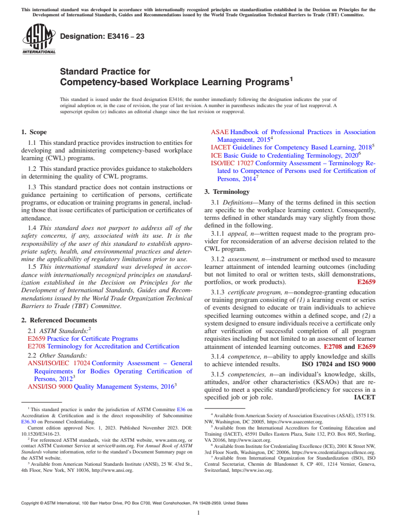 ASTM E3416-23 - Standard Practice for Competency-based Workplace Learning Programs