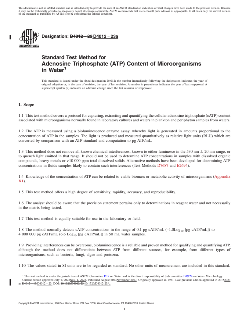 REDLINE ASTM D4012-23a - Standard Test Method for Adenosine Triphosphate (ATP) Content of Microorganisms in Water
