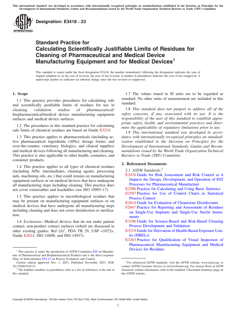 ASTM E3418-23 - Standard Practice for Calculating Scientifically Justifiable Limits of Residues for  Cleaning of Pharmaceutical and Medical Device Manufacturing Equipment  and for Medical Devices