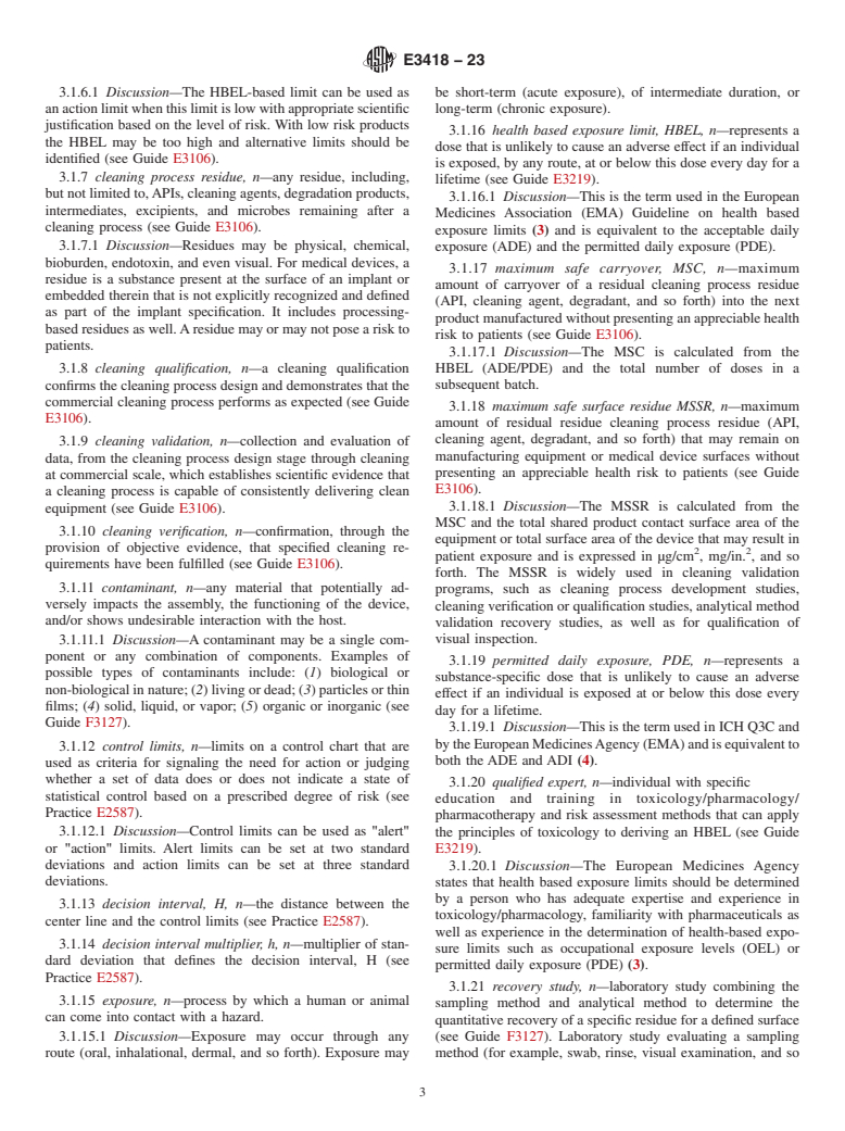 ASTM E3418-23 - Standard Practice for Calculating Scientifically Justifiable Limits of Residues for  Cleaning of Pharmaceutical and Medical Device Manufacturing Equipment  and for Medical Devices