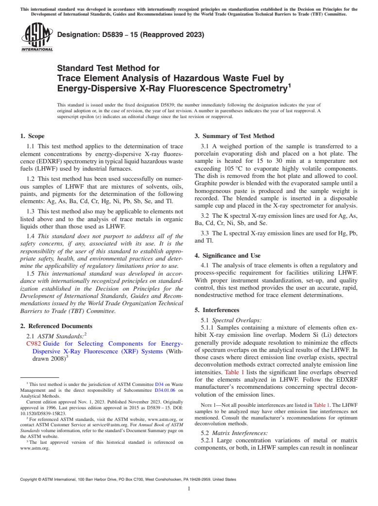 ASTM D5839-15(2023) - Standard Test Method for  Trace Element Analysis of Hazardous Waste Fuel by Energy-Dispersive  X-Ray Fluorescence Spectrometry