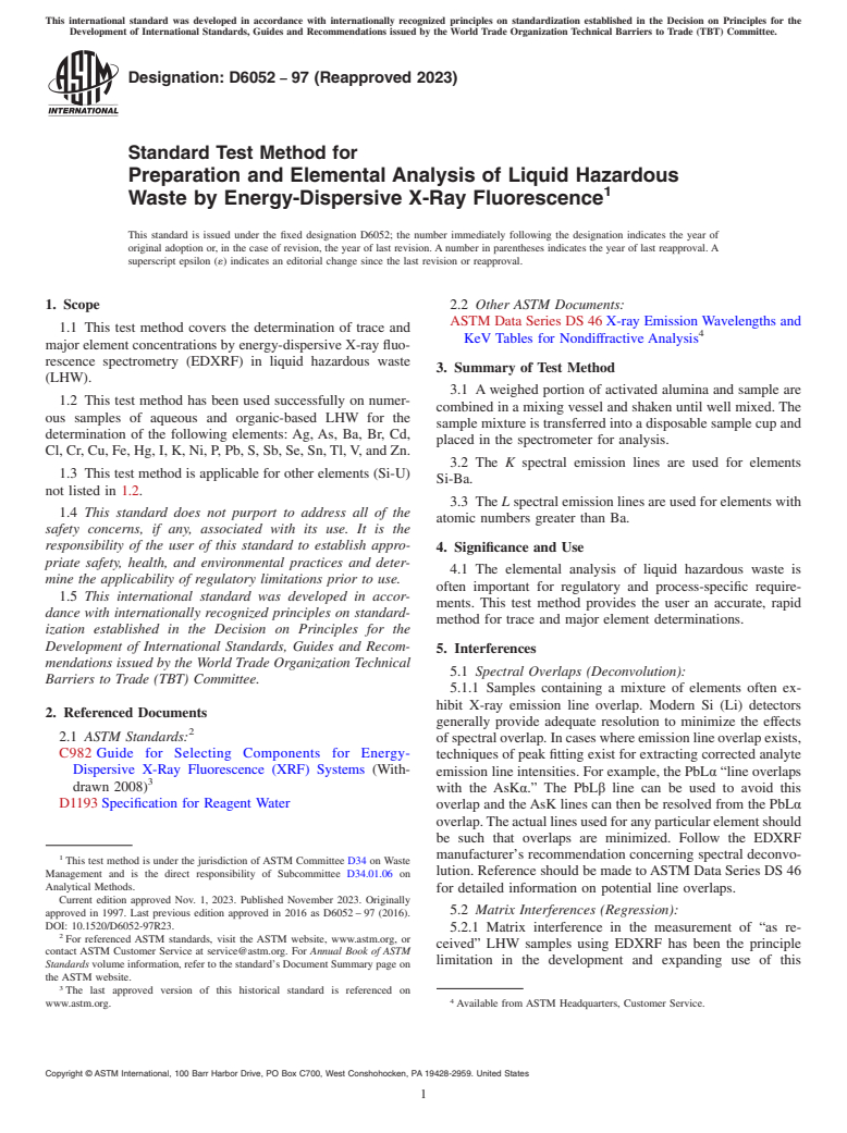 ASTM D6052-97(2023) - Standard Test Method for  Preparation and Elemental Analysis of Liquid Hazardous Waste  by Energy-Dispersive X-Ray Fluorescence