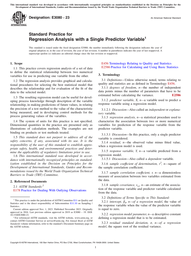 ASTM E3080-23 - Standard Practice for Regression Analysis with a Single Predictor Variable