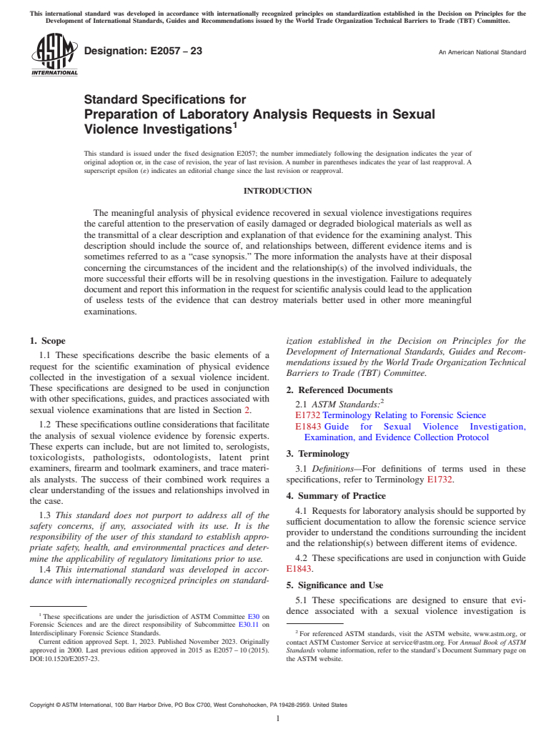 ASTM E2057-23 - Standard Specifications for  Preparation of Laboratory Analysis Requests in Sexual Violence  Investigations