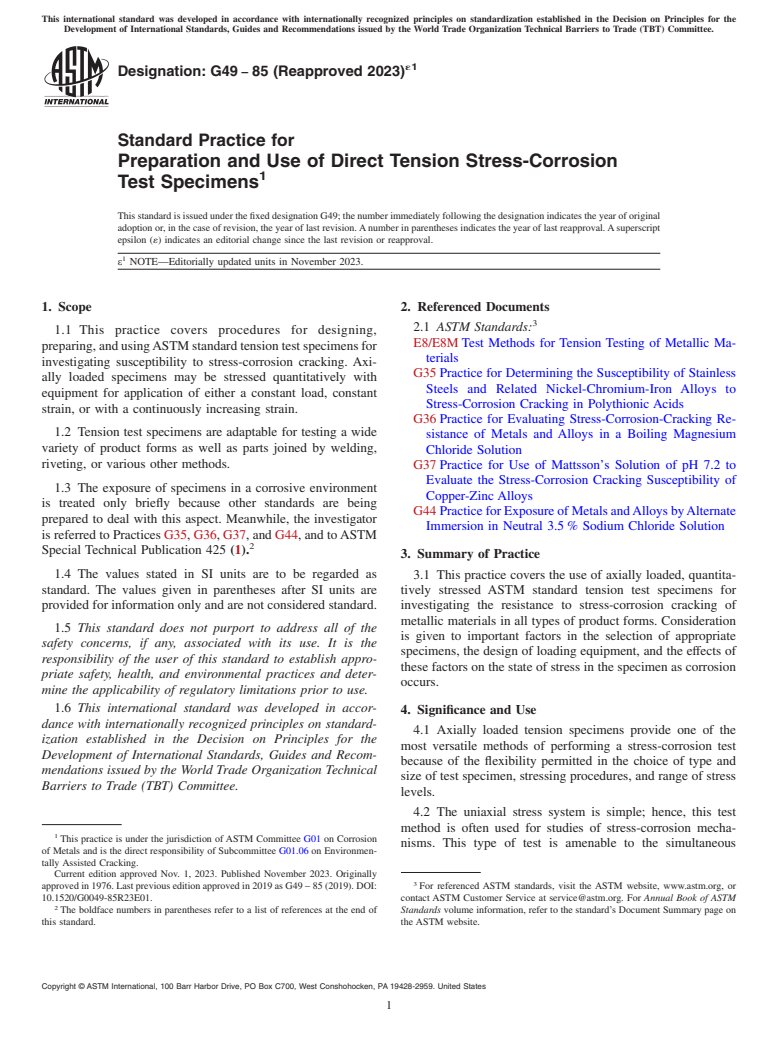 ASTM G49-85(2023)e1 - Standard Practice for Preparation and Use of Direct Tension Stress-Corrosion Test  Specimens