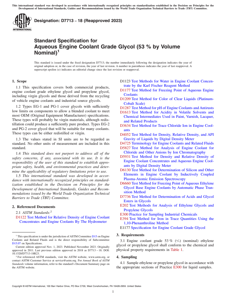 ASTM D7713-18(2023) - Standard Specification for Aqueous Engine Coolant Grade Glycol (53 % by Volume Nominal)