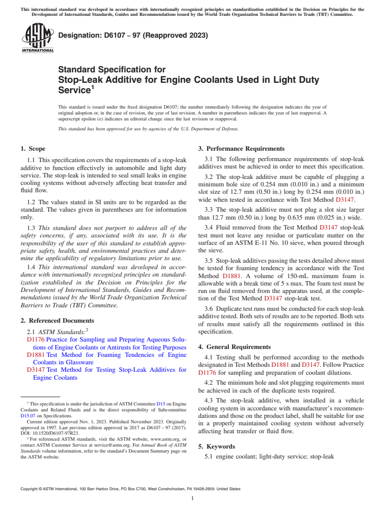 ASTM D6107-97(2023) - Standard Specification for Stop-Leak Additive for Engine Coolants Used in Light Duty Service