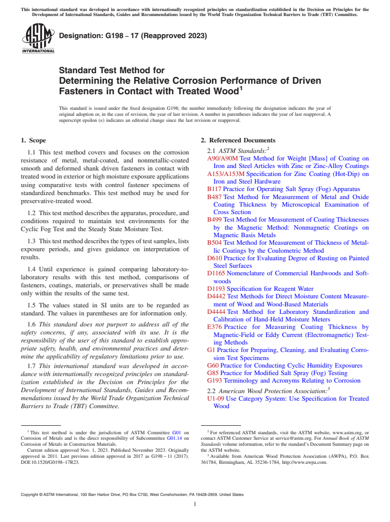 ASTM G198-17(2023) - Standard Test Method for  Determining the Relative Corrosion Performance of Driven Fasteners  in Contact with Treated Wood