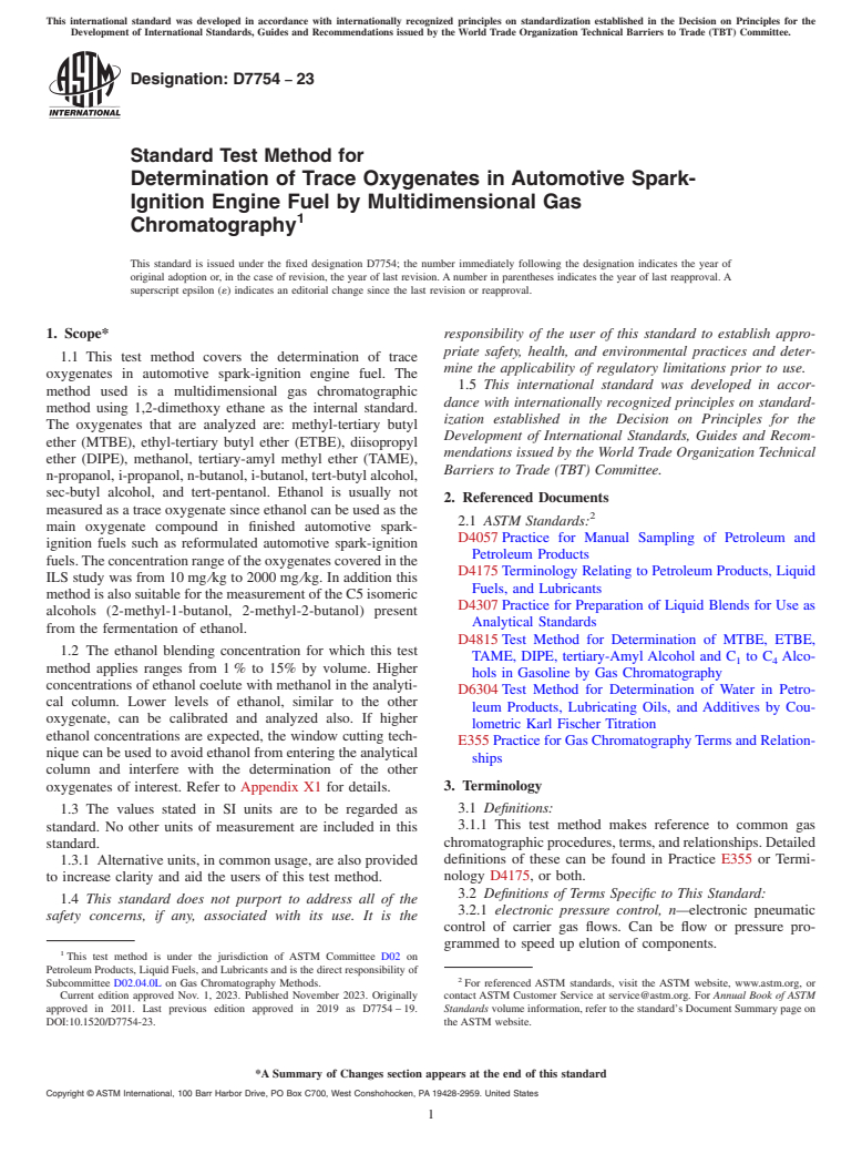 ASTM D7754-23 - Standard Test Method for  Determination of Trace Oxygenates in Automotive Spark-Ignition  Engine Fuel by Multidimensional Gas Chromatography