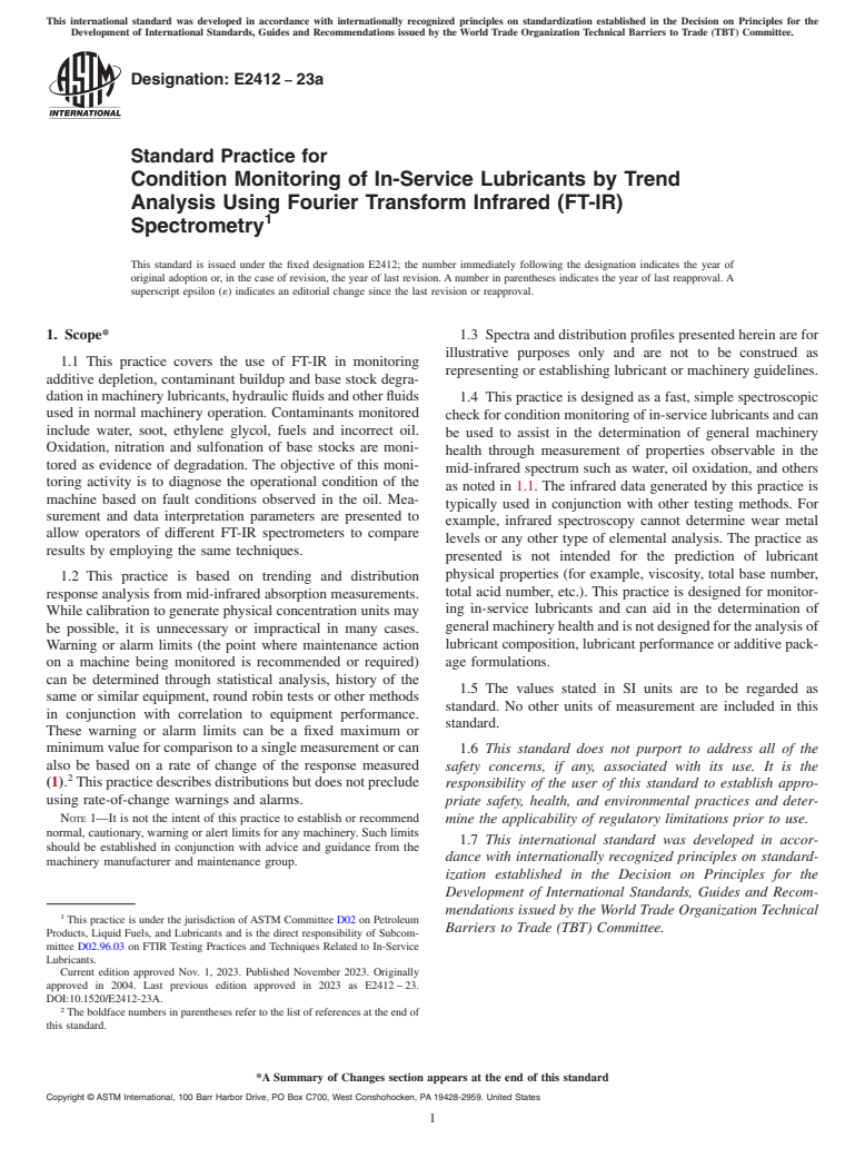 ASTM E2412-23a - Standard Practice for  Condition Monitoring of In-Service Lubricants by Trend Analysis Using Fourier Transform Infrared (FT-IR) Spectrometry