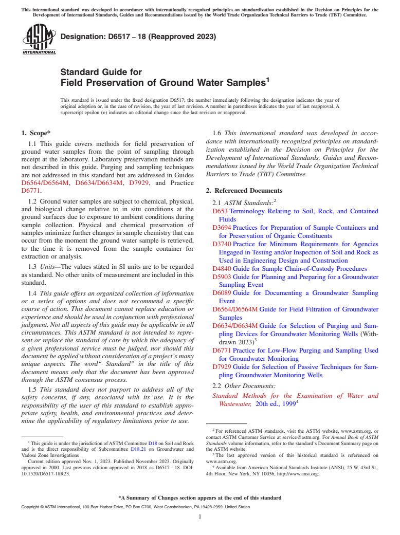 ASTM D6517-18(2023) - Standard Guide for  Field Preservation of Ground Water Samples