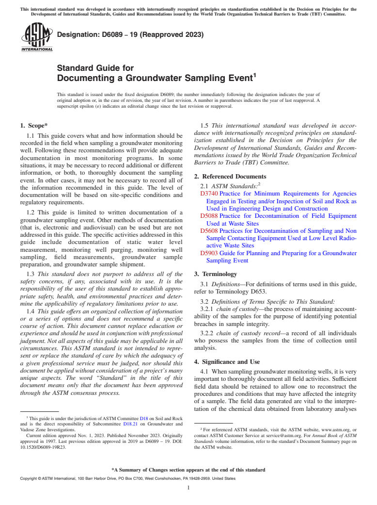 ASTM D6089-19(2023) - Standard Guide for Documenting a Groundwater Sampling Event