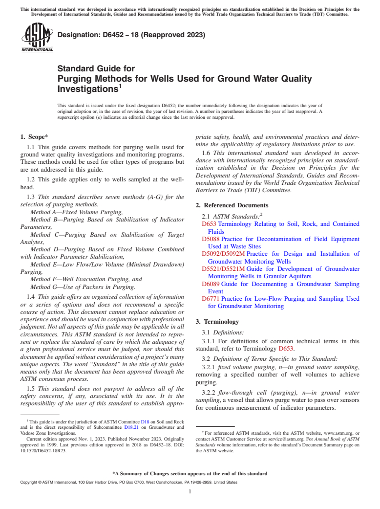 ASTM D6452-18(2023) - Standard Guide for Purging Methods for Wells Used for Ground Water Quality Investigations
