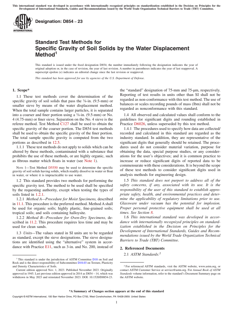 ASTM D854-23 - Standard Test Methods for Specific Gravity of Soil Solids by the Water Displacement Method