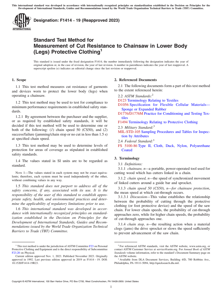 ASTM F1414-19(2023) - Standard Test Method for Measurement of Cut Resistance to Chainsaw in Lower Body (Legs)  Protective Clothing