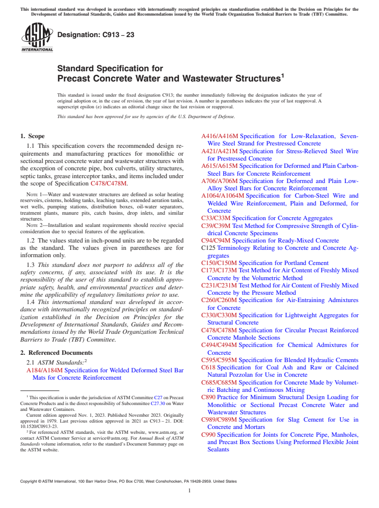 ASTM C913-23 - Standard Specification for Precast Concrete Water and Wastewater Structures