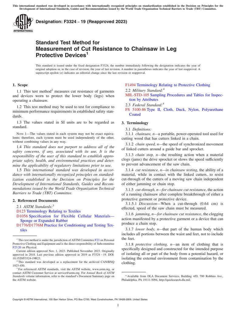 ASTM F3324-19(2023) - Standard Test Method for Measurement of Cut Resistance to Chainsaw in Leg Protective  Devices