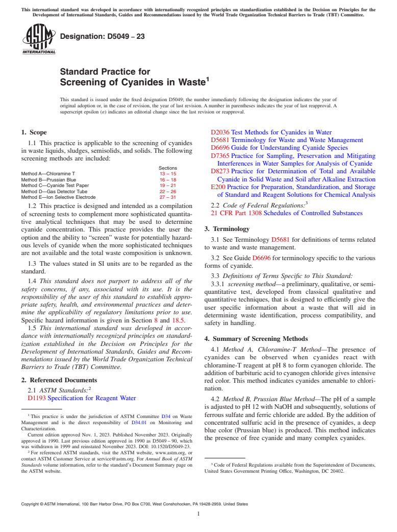 ASTM D5049-23 - Standard Practice for  Screening of Cyanides in Waste