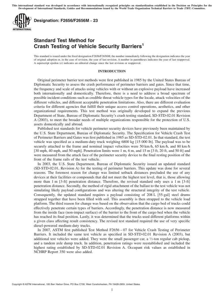 ASTM F2656/F2656M-23 - Standard Test Method for  Crash Testing of Vehicle Security Barriers