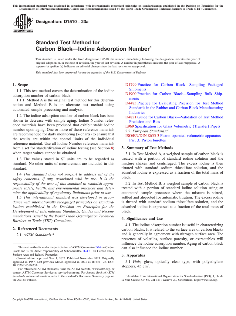 ASTM D1510-23a - Standard Test Method for  Carbon Black—Iodine Adsorption Number