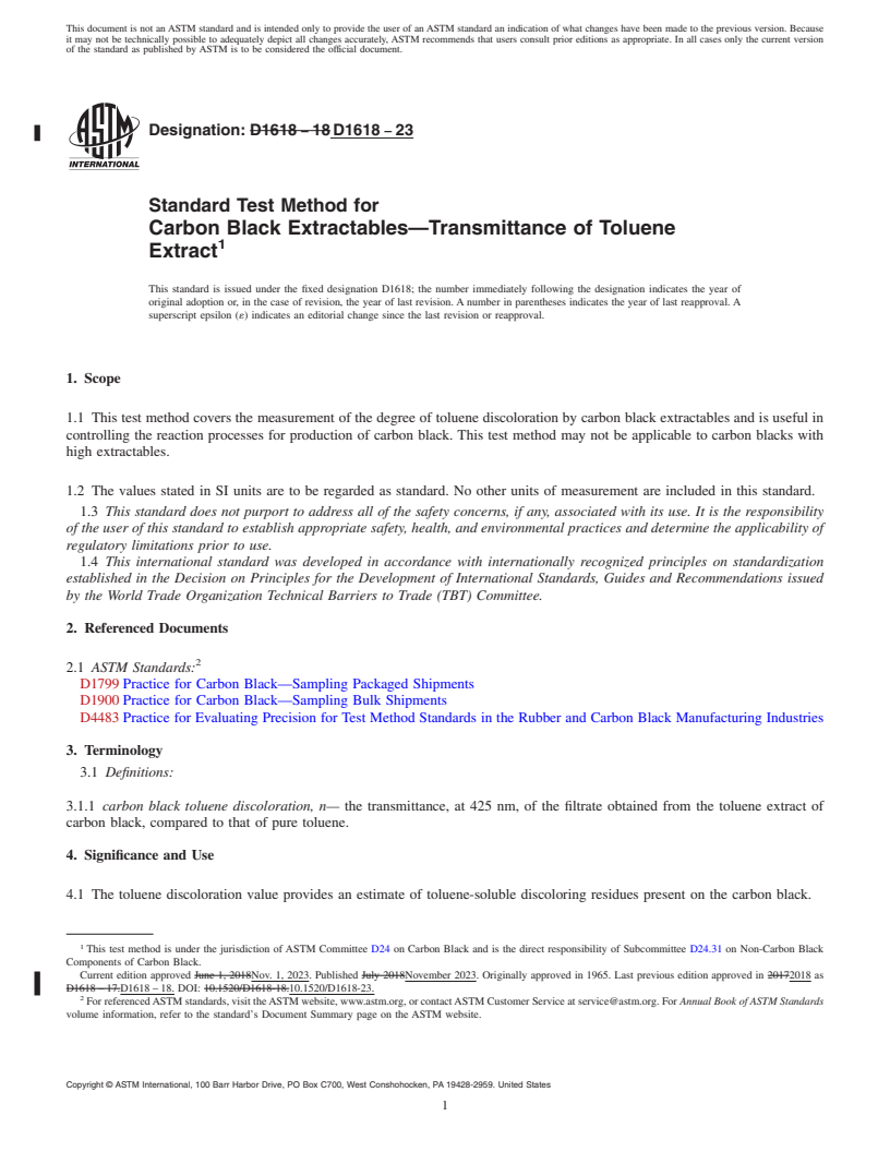 REDLINE ASTM D1618-23 - Standard Test Method for  Carbon Black Extractables—Transmittance of Toluene Extract