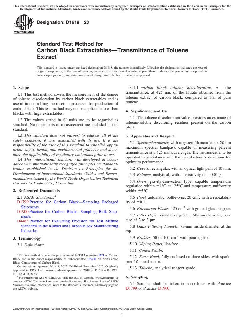 ASTM D1618-23 - Standard Test Method for  Carbon Black Extractables—Transmittance of Toluene Extract