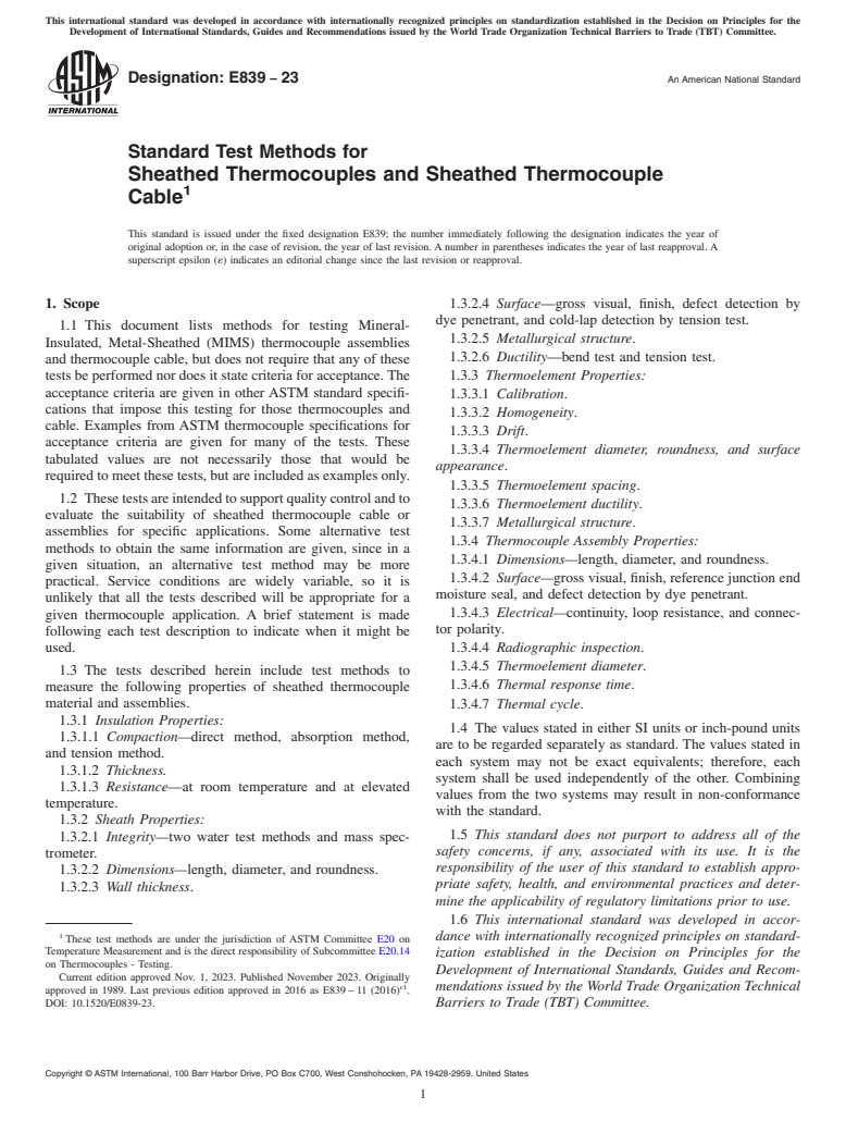 ASTM E839-23 - Standard Test Methods for  Sheathed Thermocouples and Sheathed Thermocouple Cable