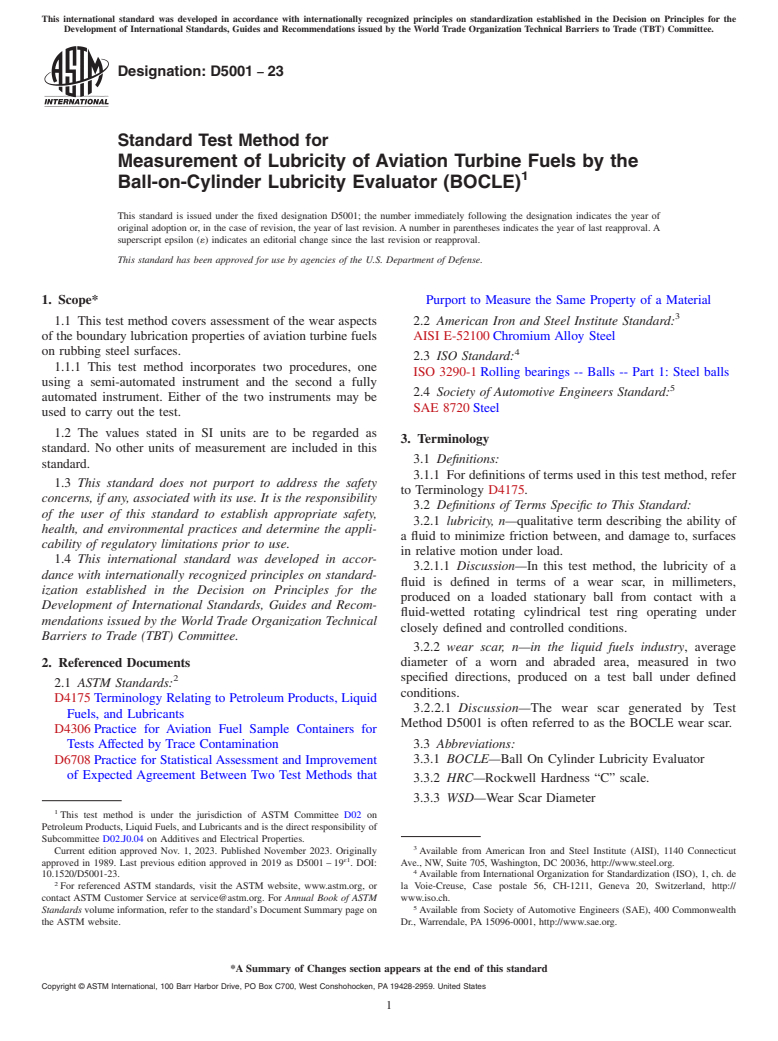 ASTM D5001-23 - Standard Test Method for  Measurement of Lubricity of Aviation Turbine Fuels by the Ball-on-Cylinder   Lubricity Evaluator (BOCLE)