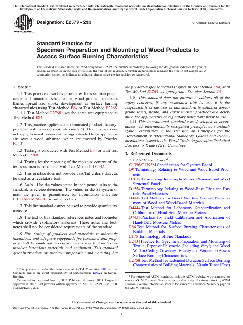 ASTM E2579-23b - Standard Practice for  Specimen Preparation and Mounting of Wood Products to Assess  Surface Burning Characteristics