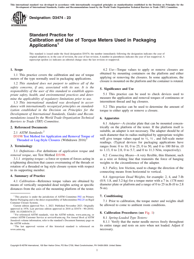 ASTM D3474-23 - Standard Practice for Calibration and Use of Torque Meters Used in Packaging Applications