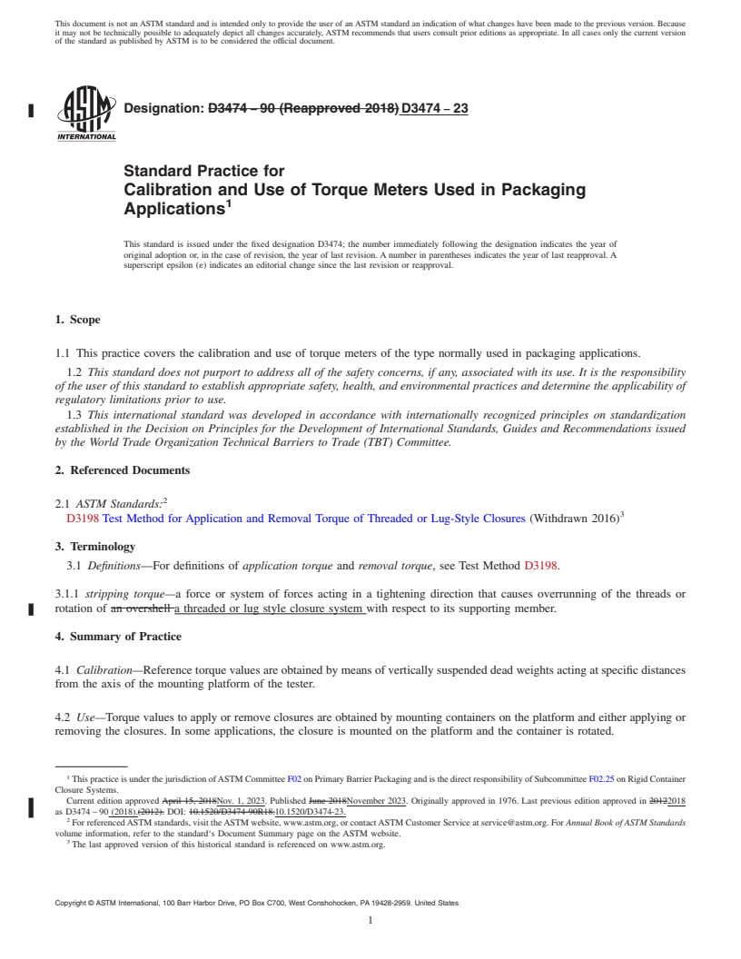 REDLINE ASTM D3474-23 - Standard Practice for Calibration and Use of Torque Meters Used in Packaging Applications