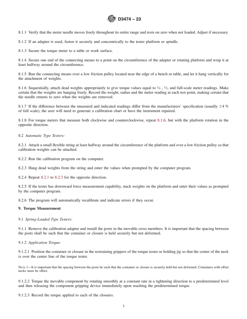 REDLINE ASTM D3474-23 - Standard Practice for Calibration and Use of Torque Meters Used in Packaging Applications