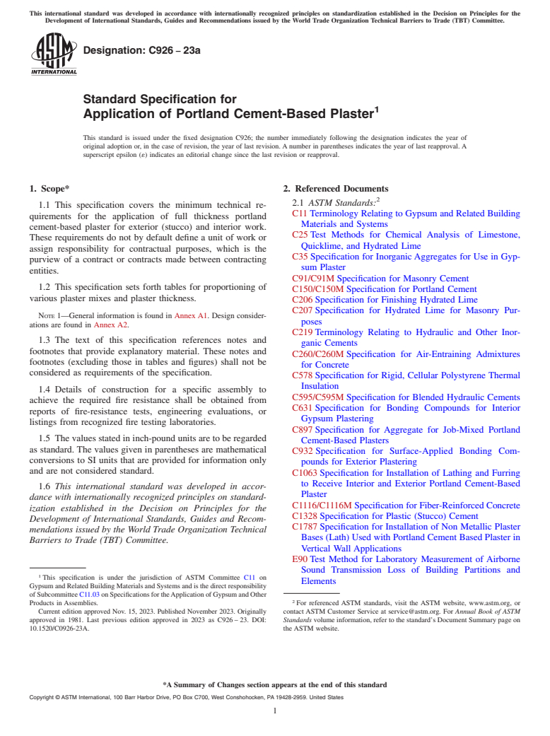 ASTM C926-23a - Standard Specification for  Application of Portland Cement-Based Plaster