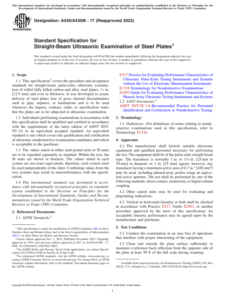 ASTM A435/A435M-17(2023) - Standard Specification for  Straight-Beam Ultrasonic Examination of Steel Plates