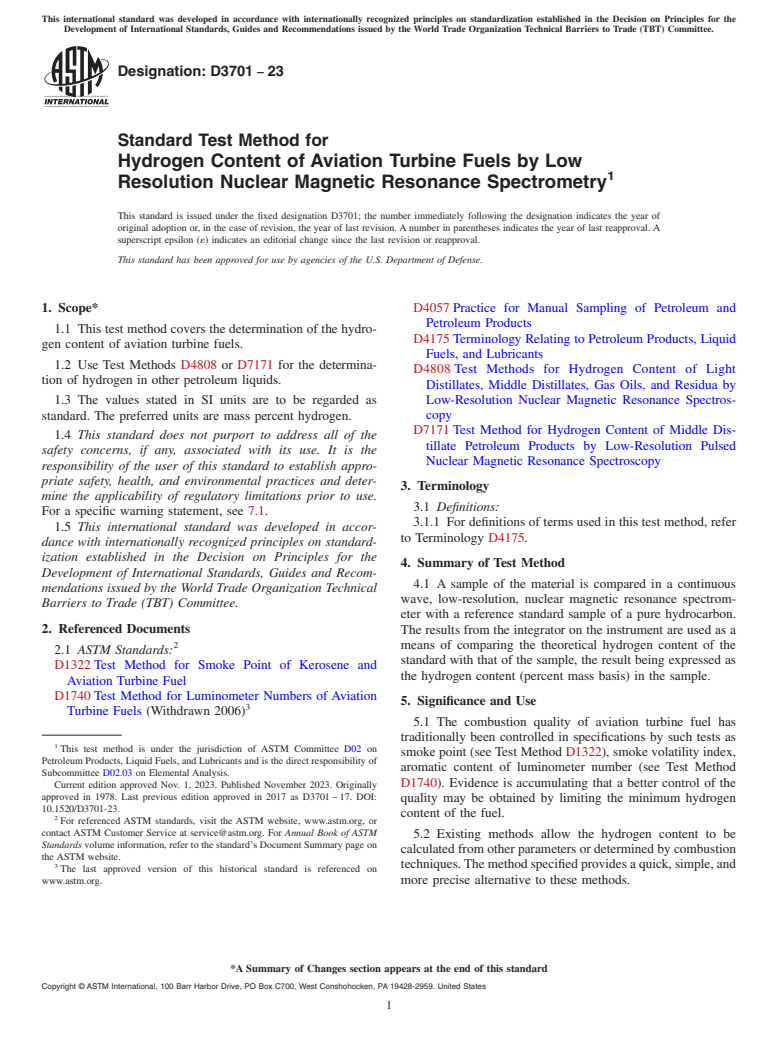 ASTM D3701-23 - Standard Test Method for Hydrogen Content of Aviation Turbine Fuels by Low Resolution   Nuclear Magnetic Resonance Spectrometry
