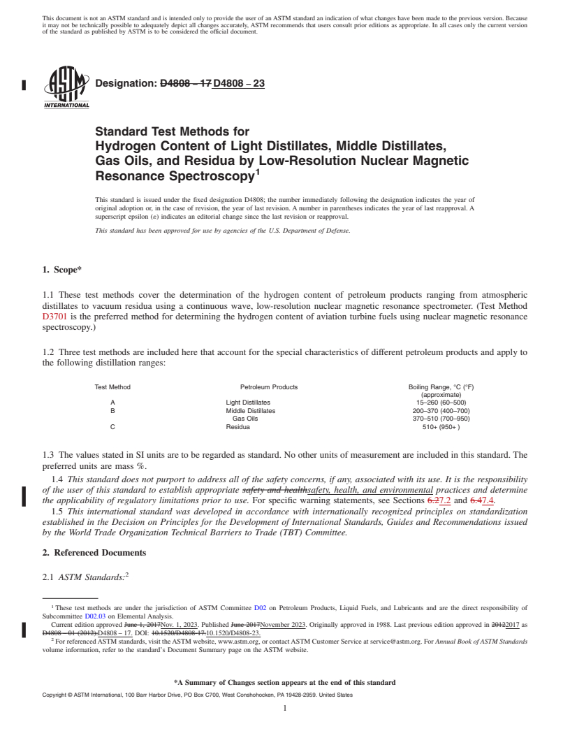 REDLINE ASTM D4808-23 - Standard Test Methods for  Hydrogen Content of Light Distillates, Middle Distillates,   Gas Oils, and Residua by Low-Resolution Nuclear Magnetic Resonance   Spectroscopy